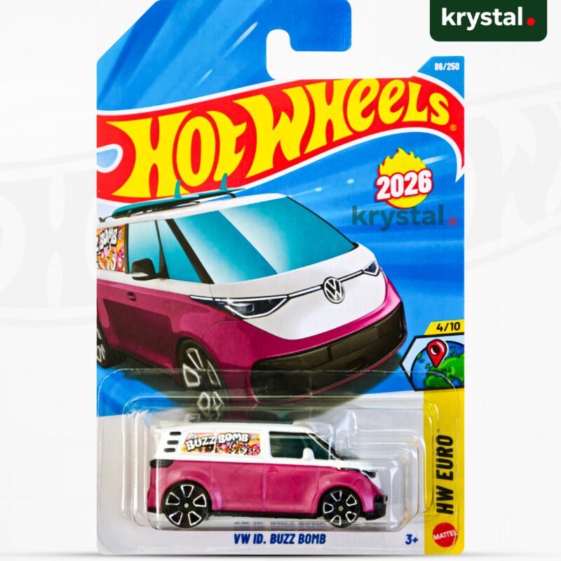 Hot Wheels VW ID. Buzz Bomb magenta and white die-cast van with graffiti graphics and surfboard