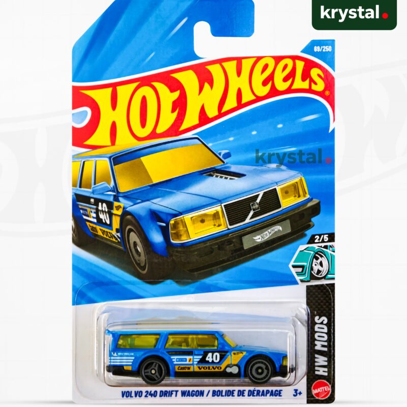 Blue Hot Wheels Volvo 240 Drift Wagon 1:64 die-cast car, HW Mods series 69/250 with racing decals and yellow windows