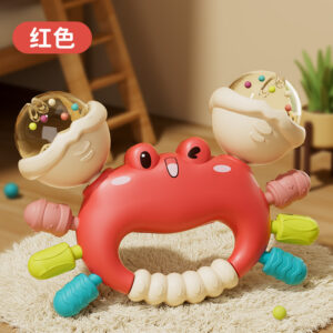 Red crab baby rattle and sensory teether toy with colorful beads and textured legs for infant teething relief