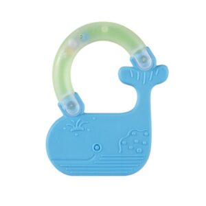 Blue whale baby rattle and teether toy with BPA-free silicone handle for infant sensory play and teething relief
