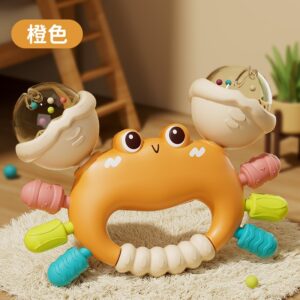 Orange crab baby rattle and teether toy with colorful sensory legs and bead-filled domes for infant play
