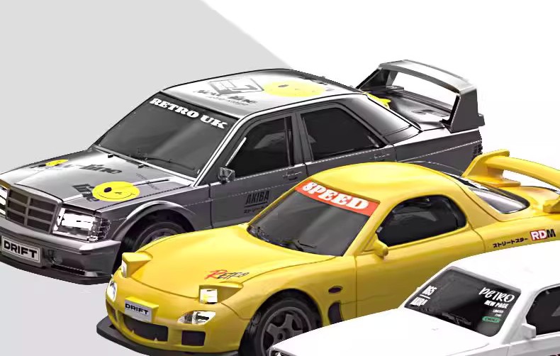 1:43 scale Retro Legend RC drift cars with authentic racing decals, gyro control, and 4WD chassis