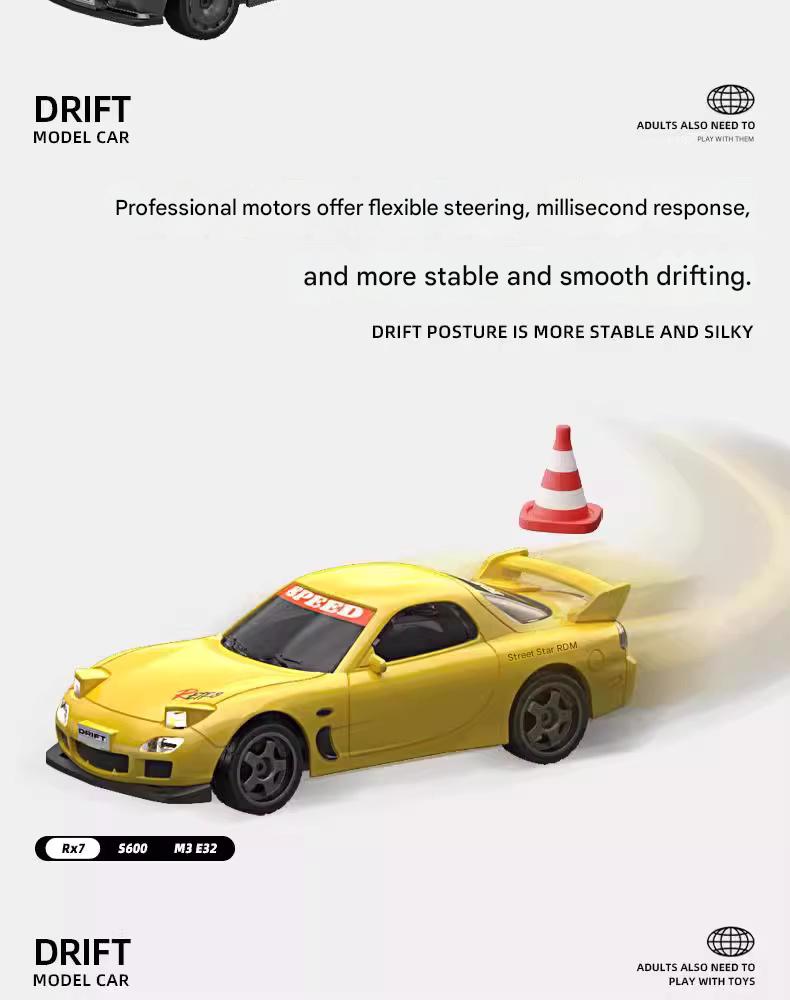 Yellow BMW M3 E30 1:43 scale RC drift car with gyro control and mini traffic cones for indoor racing