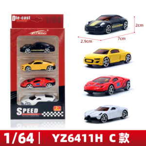 YZ Model 1/64 scale die-cast toy car 4-pack featuring black, yellow, red, and white miniature sports cars