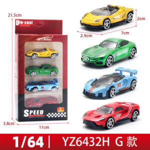 YZ Model 1/64 scale die-cast alloy racing car 4-pack featuring four colorful toy supercars and collector box