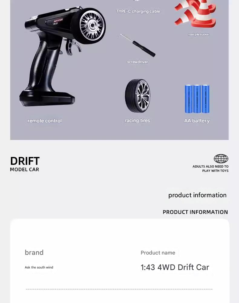 Accessories for 1:43 BMW M3 E30 4WD RC drift car including remote control, racing tires, and traffic cones.