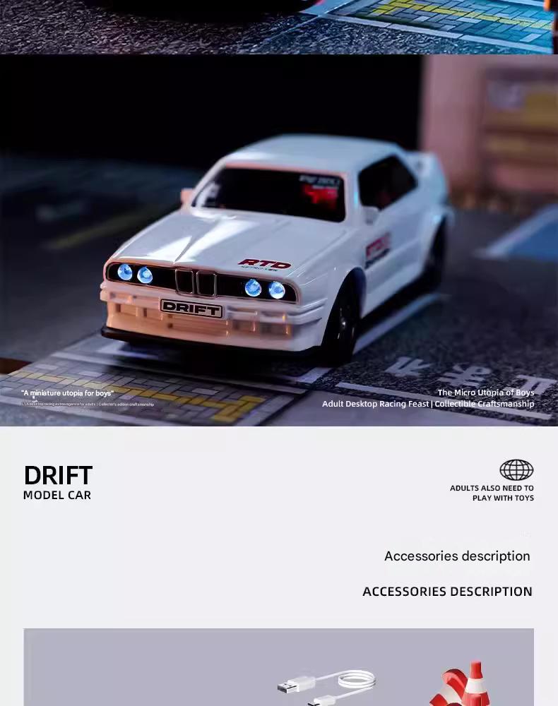 White BMW M3 E30 1/43 scale RC drift car with LED headlights and gyro control for desktop drifting
