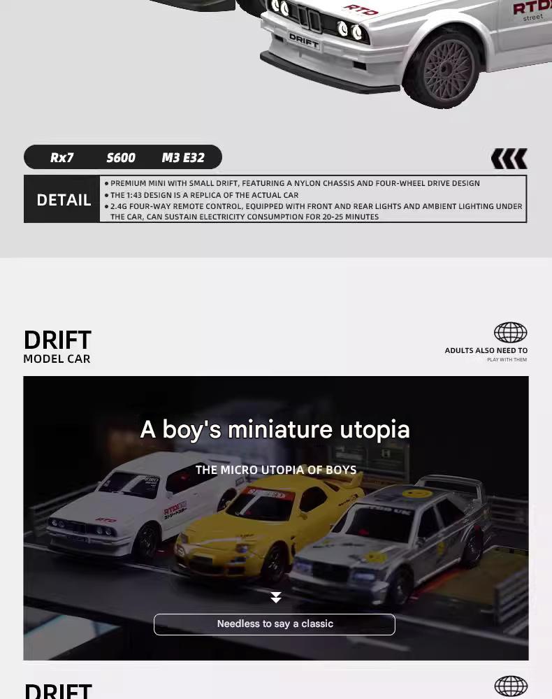 BMW M3 E30 1:43 scale RC drift car with 4WD gyro control, LED lights, and retro racing decals
