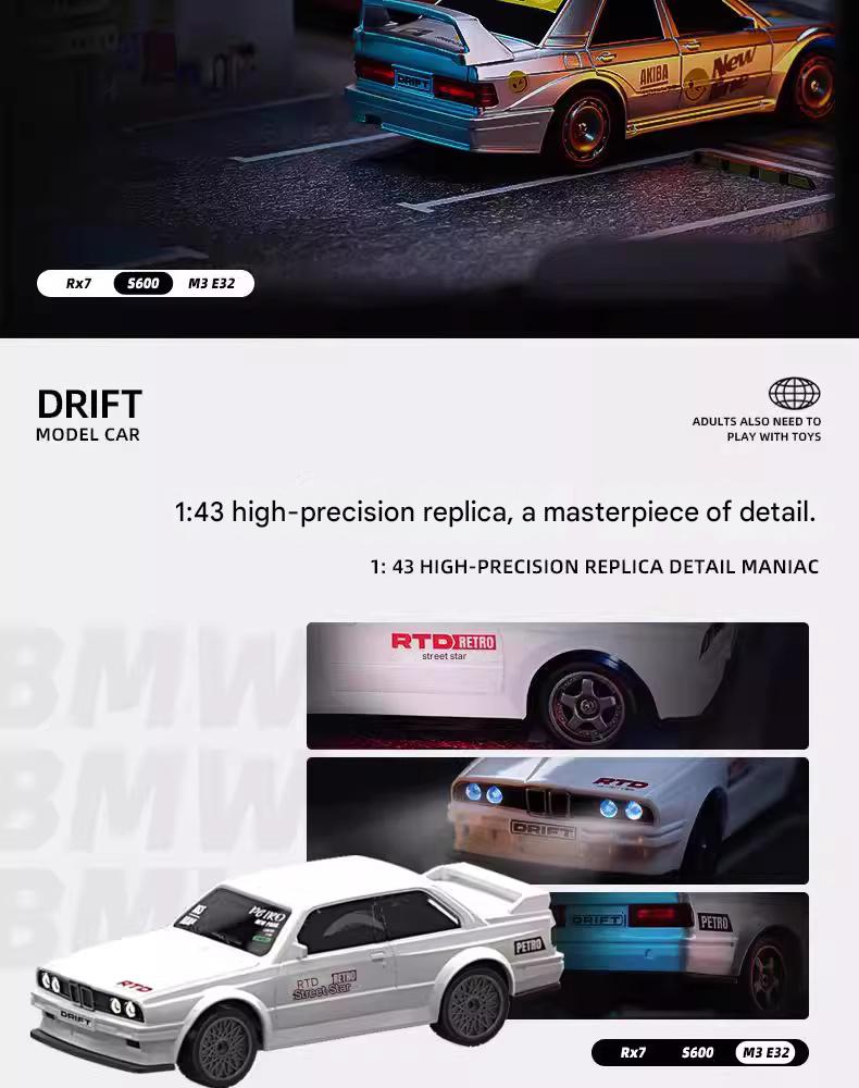 1/43 BMW M3 E30 Retro Legend RC drift car with gyro control and LED headlights for indoor drifting