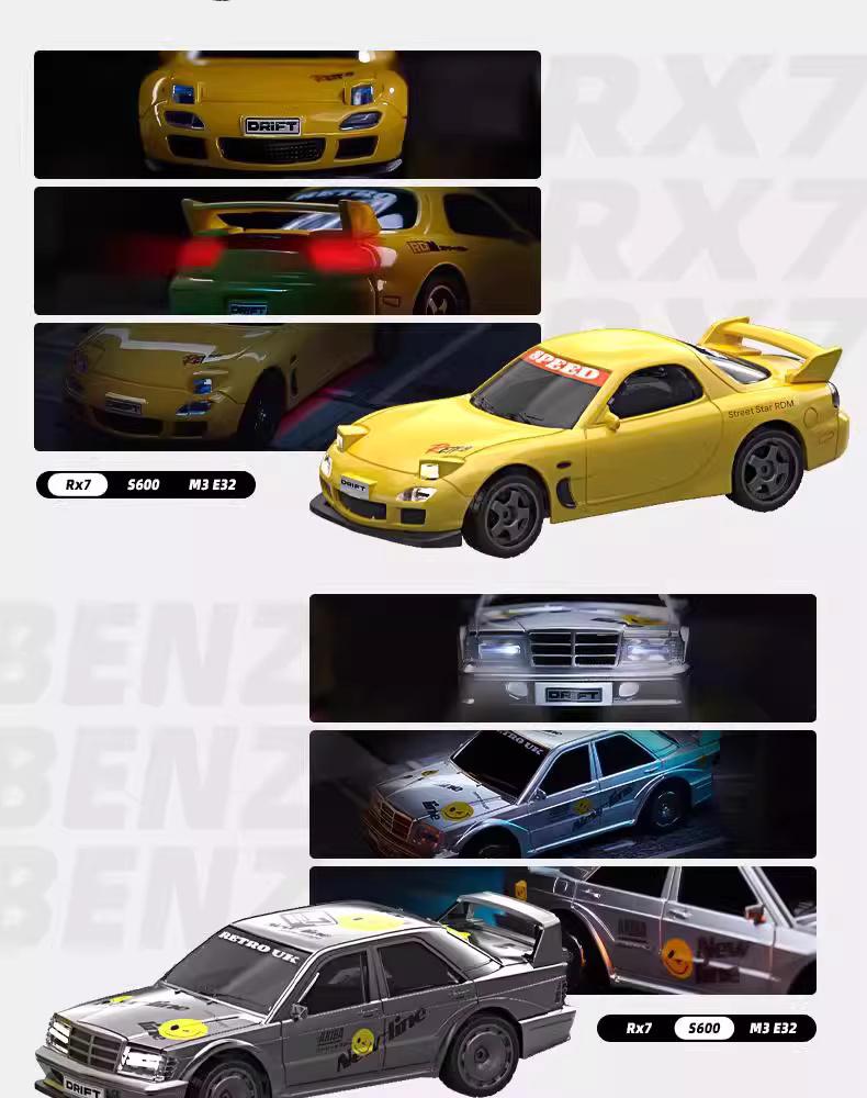1:43 scale BMW M3 E30 Retro Legend RC drift car with gyro control and LED lights for desktop racing hobbyists