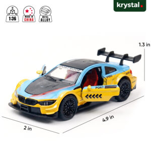 1:36 scale BMW M4 GT3 diecast model car in yellow and blue with opening doors and racing decals