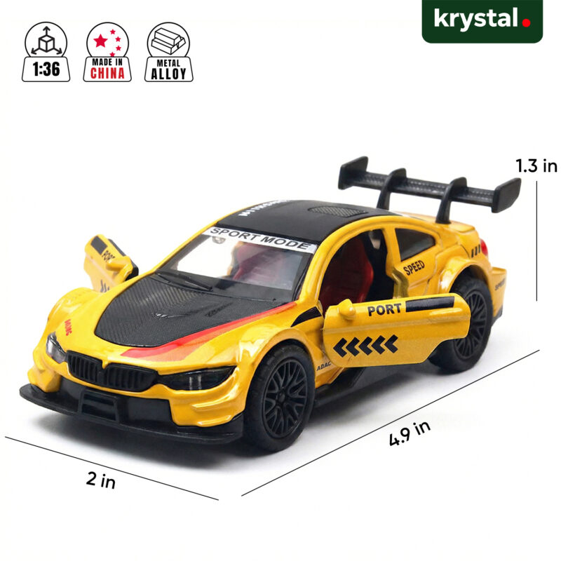 Yellow BMW M4 GT3 1:36 scale alloy diecast model car with sport mode racing livery and opening doors
