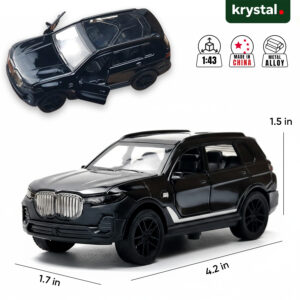 Black BMW X7 diecast SUV model car in 1:43 scale with opening doors and metal alloy body