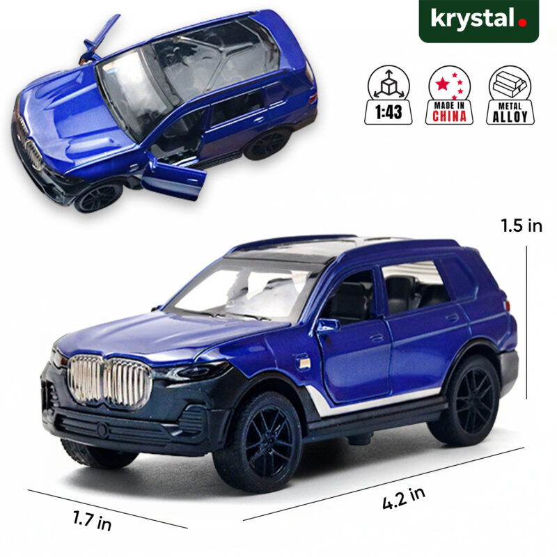 Blue BMW X7 1:43 scale diecast SUV model car with opening doors and metal alloy body