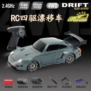 Grey Porsche 993 RWB 1:20 scale 4WD RC drift car with remote control, LED lights, and racing accessories