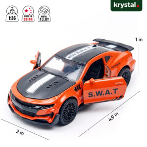 Orange 1:36 scale Chevrolet Camaro ZL1 S.W.A.T. diecast car with metal alloy body and opening doors
