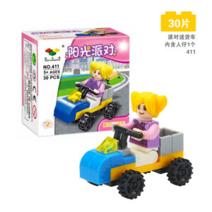 Party Delivery Van building block set with girl minifigure and blue truck, 30-piece LEGO-compatible city toy