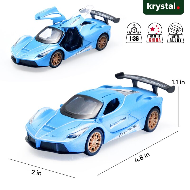 Blue 1:36 scale Ferrari LaFerrari diecast model car with opening butterfly doors and metal alloy body