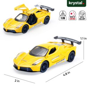 1:36 scale yellow Ferrari LaFerrari diecast model car with metal alloy body and opening butterfly doors