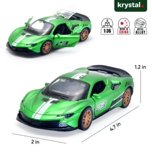 Green Krystal 1:36 scale Ferrari SF90 Stradale alloy diecast car with opening doors and racing decals