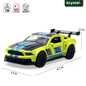 1:36 scale lime green Ford Mustang Shelby GT500 metal alloy diecast model car with blue racing stripes and pull-back drive