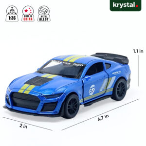 Blue Ford Mustang Shelby GT500 1:36 scale diecast model car with yellow racing stripes and alloy body