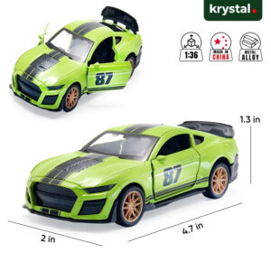 1:36 scale lime green Ford Mustang Shelby GT500 diecast model car with opening doors and black racing stripes