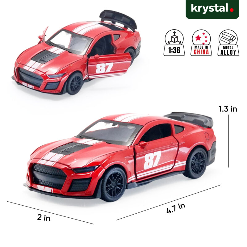 Red Ford Mustang Shelby GT500 1:36 scale diecast metal alloy model car with white racing stripes and opening doors