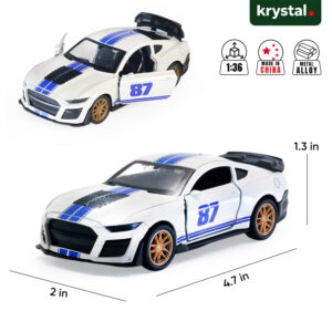 White 1:36 scale Ford Mustang Shelby GT500 diecast model car with blue racing stripes and opening doors
