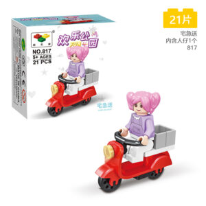 LEGO-compatible home delivery building block set featuring red scooter and pink hair minifigure