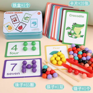 Montessori pinch beads logic tin with 65 wooden beads, animal counting cards, and fine motor training tools.