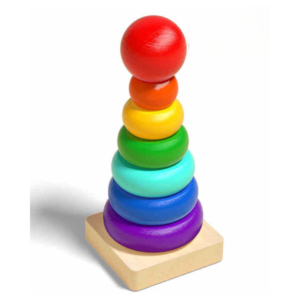 7-piece wooden rainbow stacking tower toy with colorful rings and red sphere top for toddlers