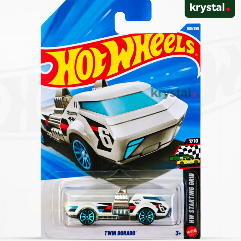 Hot Wheels Twin Dorado white die-cast racing car with blue rims from the HW Starting Grid series