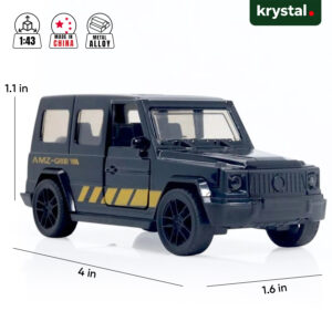 Black Mercedes G-Wagon 1:43 scale diecast SUV model with metal alloy body and yellow racing decals