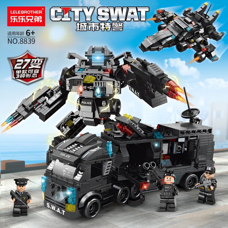 Lele Brother SWAT Building Blocks 8839: 27-in-1 Tactical Mech, Command Truck, and Jet with 3 mini-figures