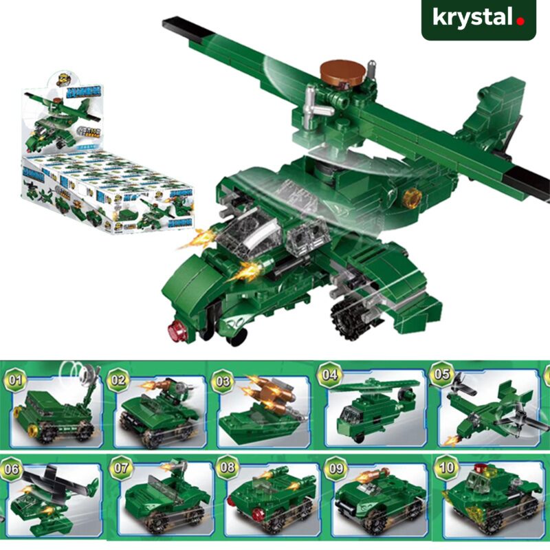 Lele Brother 52049 Military Helicopter Building Blocks 10-in-1 Set, LEGO-compatible green camo toy vehicles