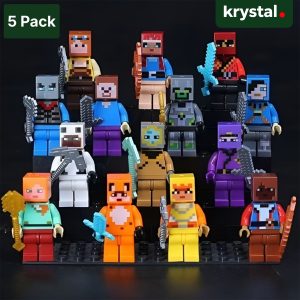LEGO-compatible Minecraft Pixel-World minifigures 5-pack with pixelated swords and pickaxes