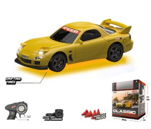 Yellow Mazda RX-7 FD3S 1/43 scale RC drift car with gyro control, 4WD, and extra drifting tires