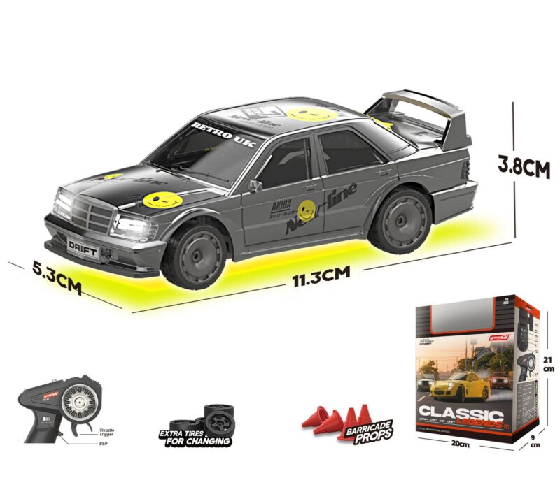 1/43 Mercedes 190E Evo II hobby RC drift car with gyro control, LED lights, extra tires, and traffic cones