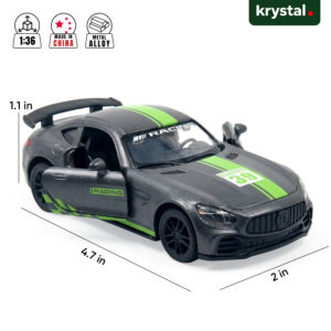 Grey Mercedes-AMG GT R 1:36 scale diecast model car with green racing stripes and opening doors