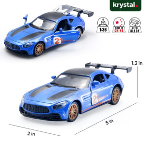 Blue 1:36 scale Mercedes-AMG GT R diecast alloy model car with opening doors and racing decals