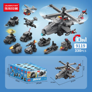 Lele Brother 10-in-1 military building blocks set 9119 featuring an attack helicopter and 10 tactical vehicle builds.