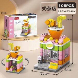 Lele Brother Milk Tea Shop 105pcs building blocks, Lego compatible DIY miniature storefront toy for kids.