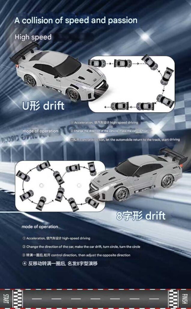1:20 scale Nissan GT-R R35 4WD RC drift car demonstrating U-shape and 8-shape drifting techniques