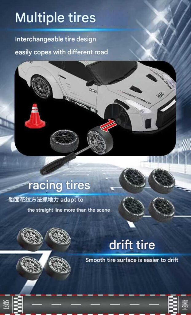 White Nissan GT-R R35 1:20 scale RC drift car with interchangeable rubber racing tires and smooth drift wheels