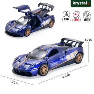 Blue Pagani Huayra 1:36 scale diecast model car with open gull-wing doors and metal alloy body