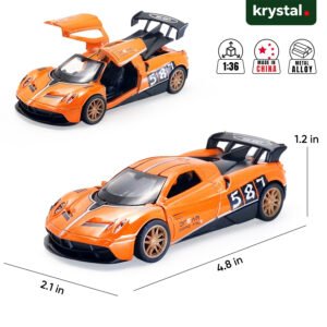 Orange 1:36 Pagani Huayra diecast alloy car with functional gull-wing doors and racing decals for collectors