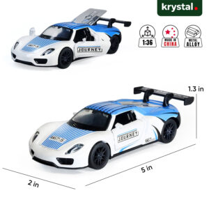 Porsche 918 Spyder 667 Blue 1:36 scale diecast model car with metal alloy body and pull-back function