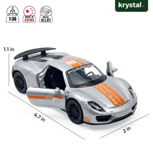 Gray 1:36 scale Porsche 918 Spyder diecast model car with orange racing decals and alloy body