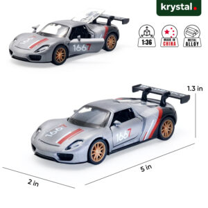 Krystal Porsche 918 Spyder gray 1:36 diecast model car with 1667 racing decals and metal alloy body